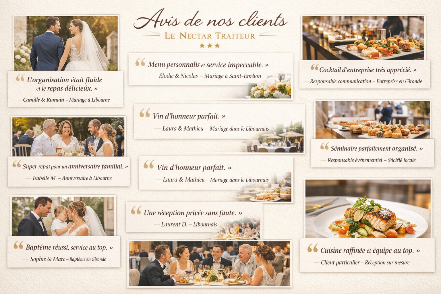 Collage d&rsquo;avis clients sur des mariages, &eacute;v&eacute;nements d&rsquo;entreprise et r&eacute;ceptions priv&eacute;es organis&eacute;s par notre traiteur &agrave; Libourne