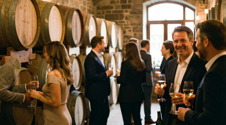 cocktail networking dans un chai Pomerol