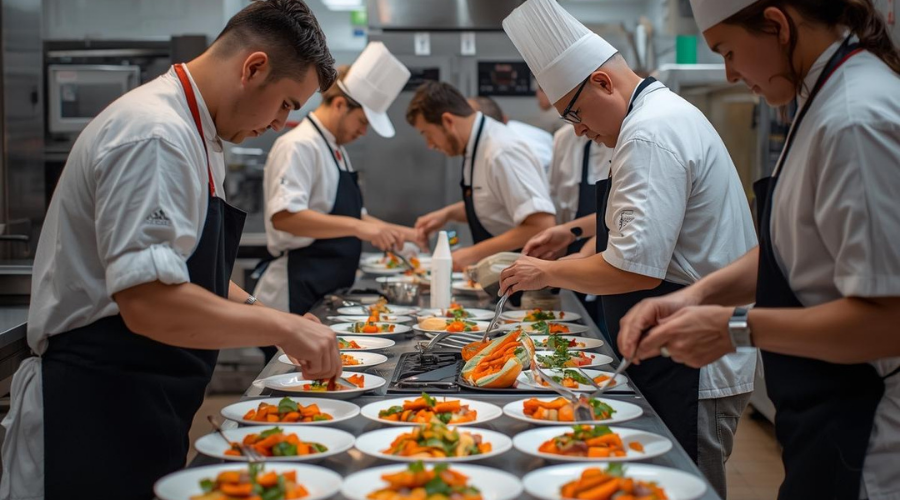 &Eacute;quipe de traiteur &agrave; Libourne en pleine pr&eacute;paration d&rsquo;un &eacute;v&eacute;nement culinaire