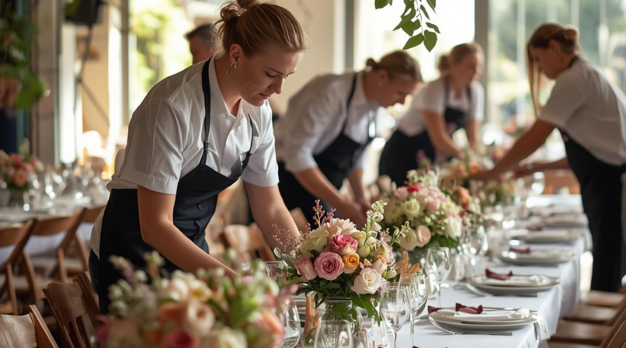 &Eacute;quipe de traiteur &agrave; Libourne en pr&eacute;paration d&rsquo;un &eacute;v&eacute;nement gastronomique