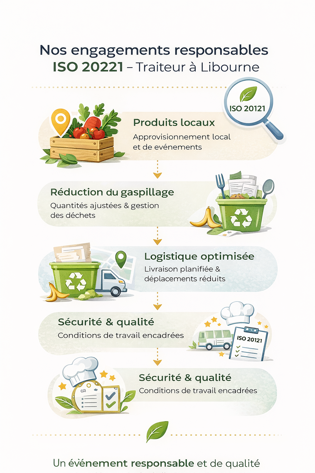 Infographie des engagements responsables ISO 20121 appliqu&eacute;s par notre traiteur &agrave; Libourne