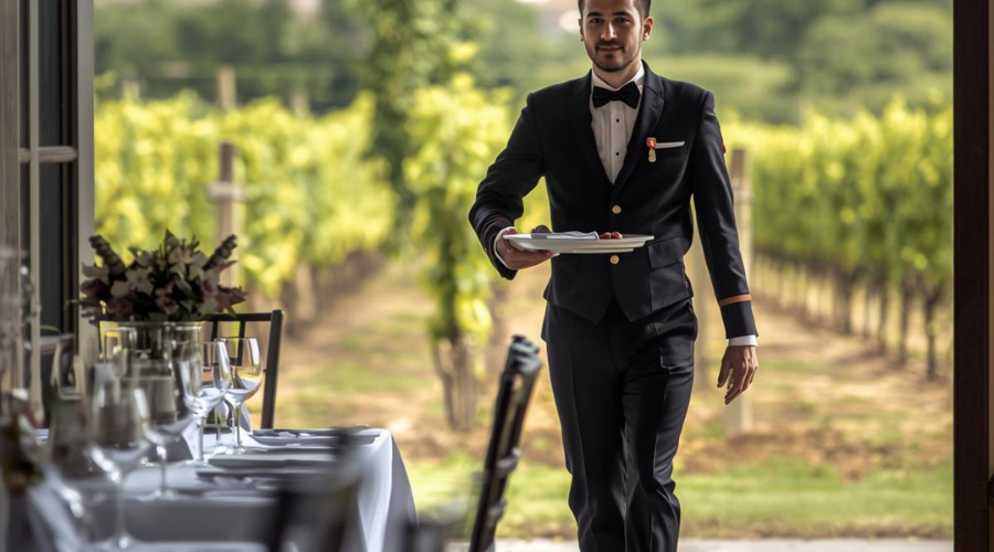 Serveur en tenue noire avec plateau lors d’un vin d’honneur dans les vignes.