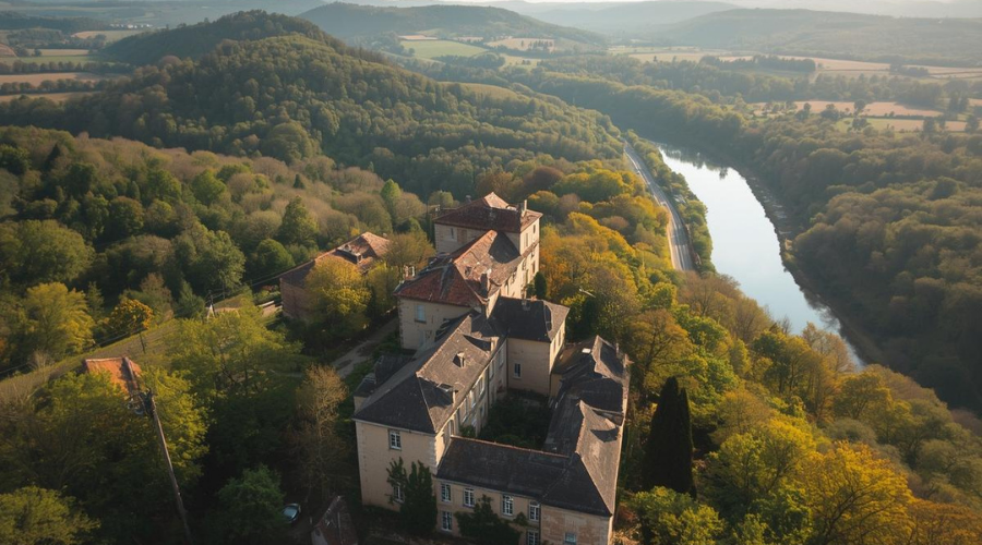 Vue a&eacute;rienne des coteaux de Fronsac surplombant la Dordogne.